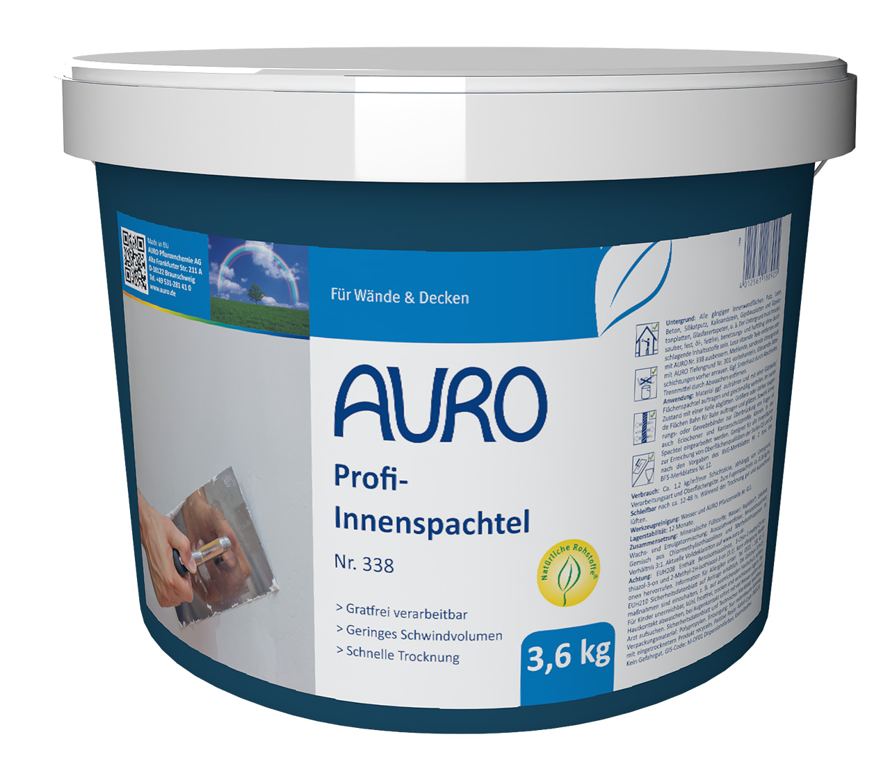 AURO Profi-Innenspachtel Nr. 338 – 3,6 kg Gebinde für emissionsfreie Innenraumgestaltung