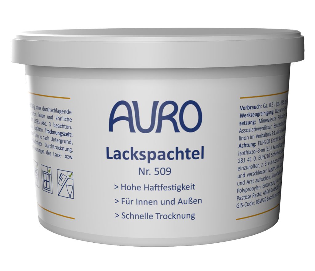 AURO Lackspachtel Nr. 509 – 0,4 kg Gebinde mit weißem Etikett, Label sichtbar