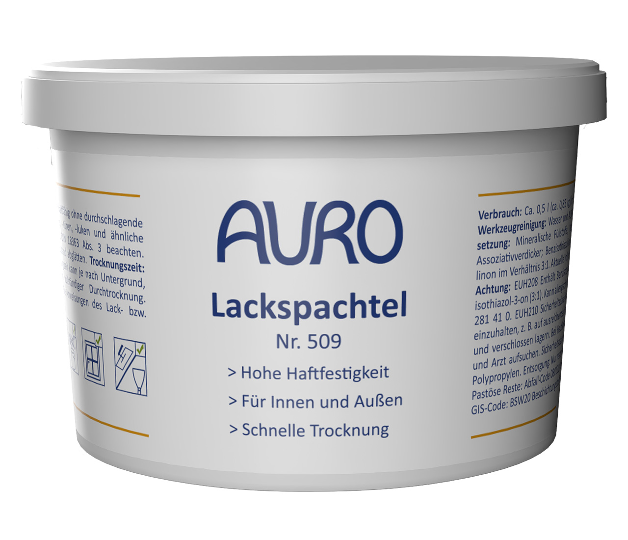 AURO Lackspachtel Nr. 509 – 0,4 kg Gebinde mit weißem Etikett, Label sichtbar