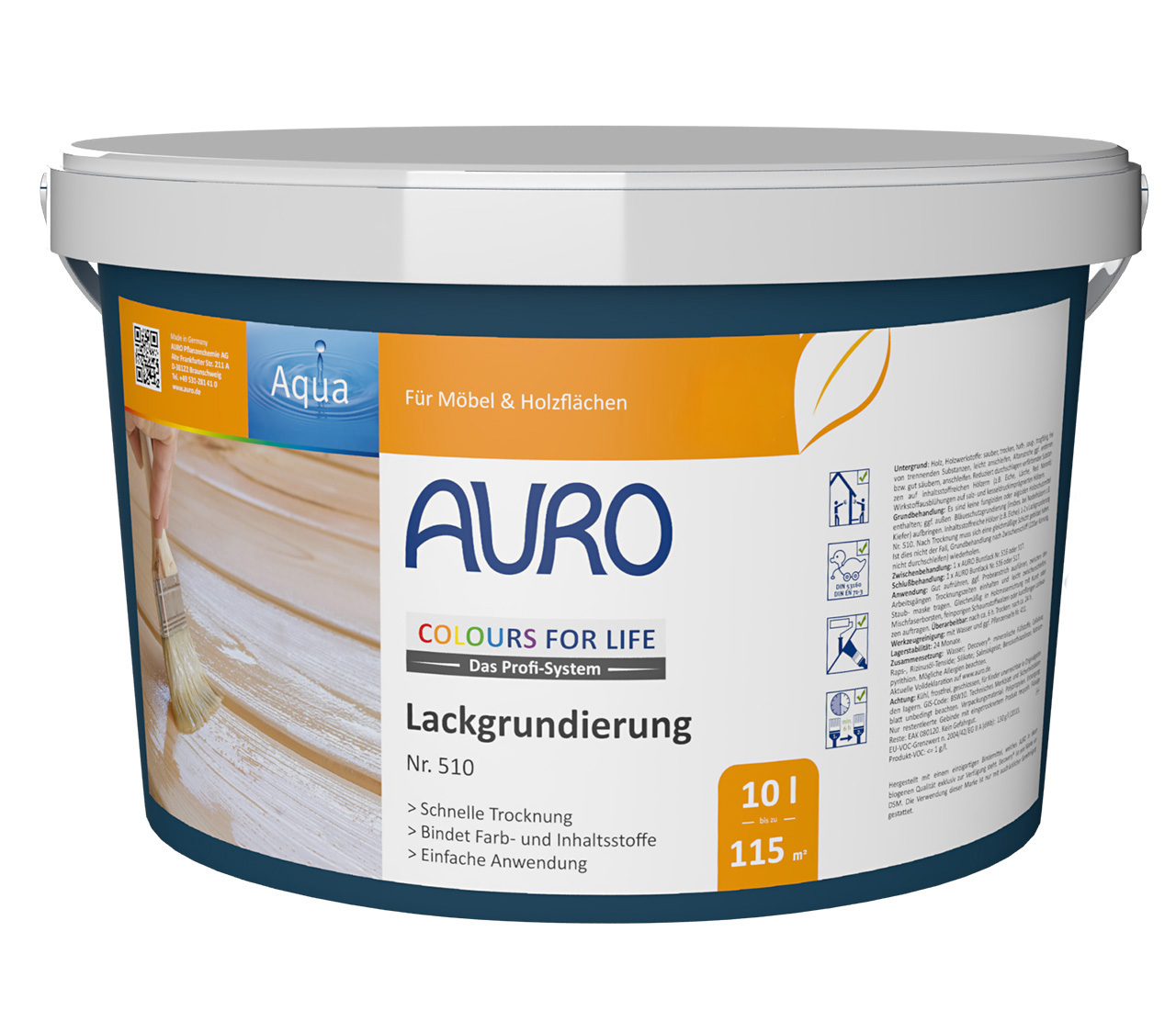 AURO Lackgrundierung Nr. 510 im 10 Liter Gebinde mit weißem Etikett und Siegel für Spielzeugsicherheit