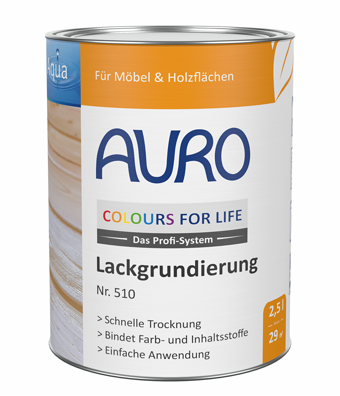 AURO Lackgrundierung Nr. 510 in 2,5 Liter Gebinde mit weißem Etikett, geeignet für Kinderspielzeug