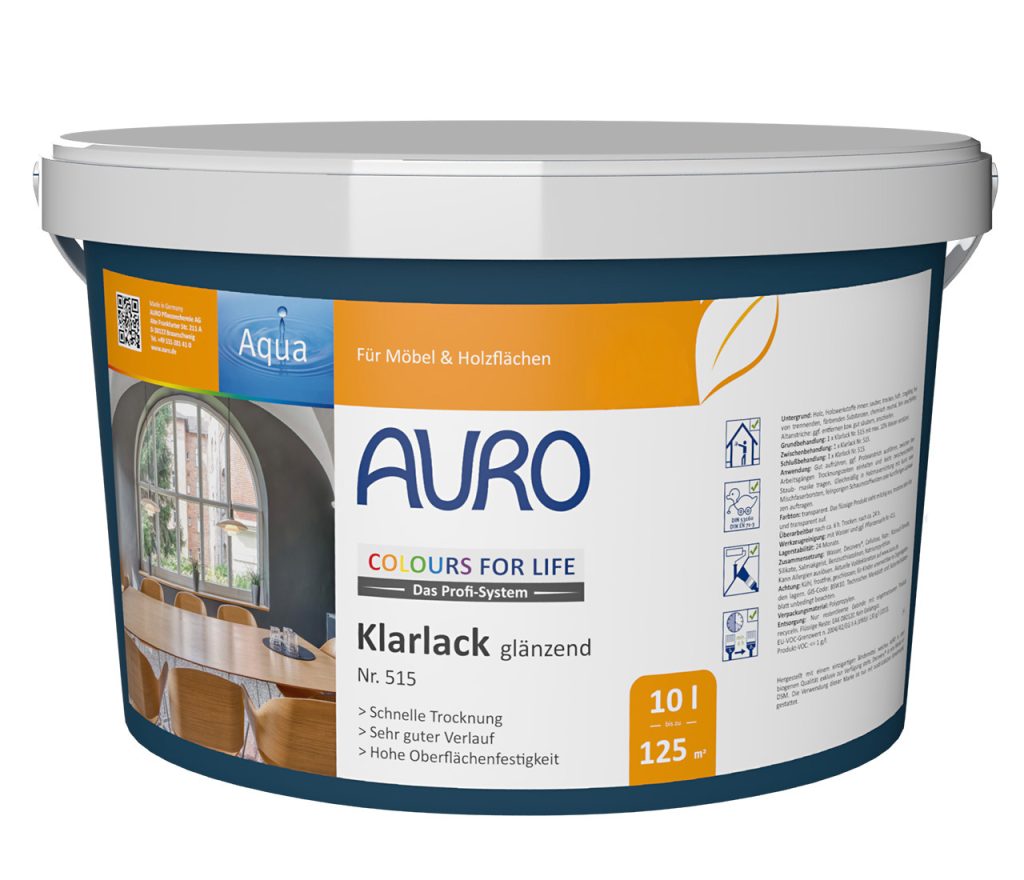 COLOURS FOR LIFE Klarlack, glänzend Nr. 515 im großen 10 Liter Gebinde von AURO, weißes Etikett, ideal für Profianwendung