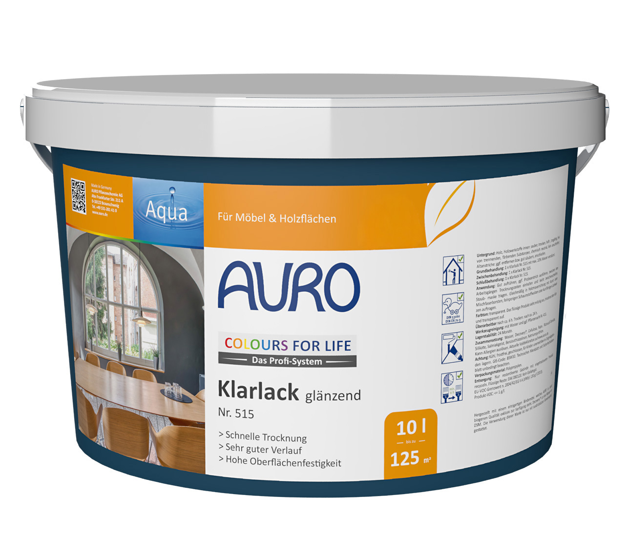 COLOURS FOR LIFE Klarlack, glänzend Nr. 515 im großen 10 Liter Gebinde von AURO, weißes Etikett, ideal für Profianwendung