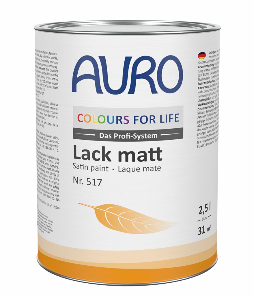 AURO COLOURS FOR LIFE Lack, matt Nr. 517 im 2,5 Liter Gebinde mit weißem Etikett und Hinweis auf große Farbauswahl
