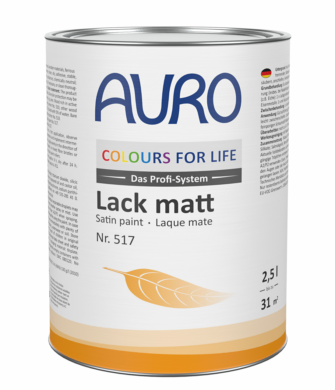AURO COLOURS FOR LIFE Lack, matt Nr. 517 im 2,5 Liter Gebinde mit weißem Etikett und Hinweis auf große Farbauswahl