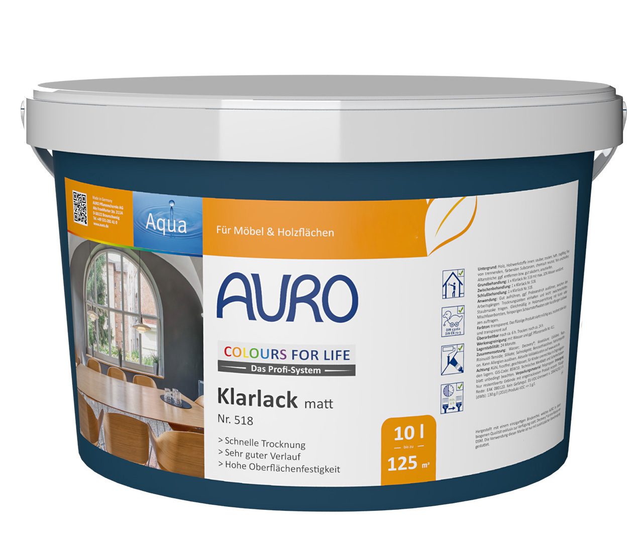 AURO COLOURS FOR LIFE Klarlack, matt Nr. 518 in 10 Liter Gebinde mit weißem Etikett für Profianwendung