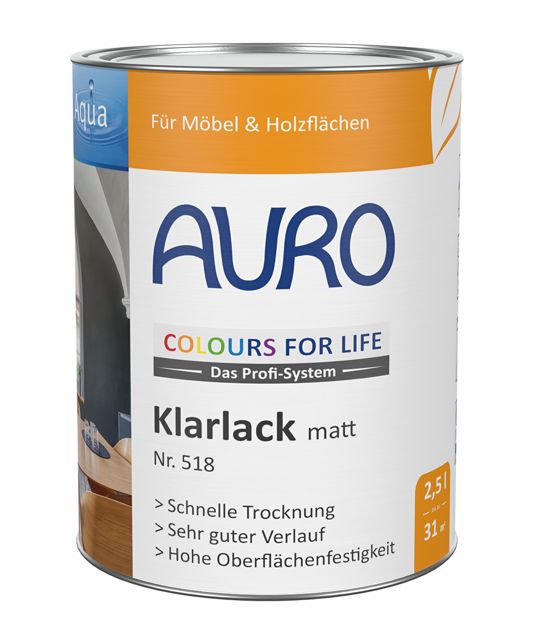 AURO COLOURS FOR LIFE Klarlack, matt Nr. 518 in 2,5 Liter Gebinde mit DIN-konformen Hinweisen auf weißem Label