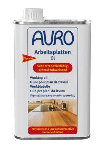 0,5 Liter AURO Arbeitsplattenöl Nr. 108, lösemittelfrei, mit Naturfarben-Siegel auf dem Etikett.