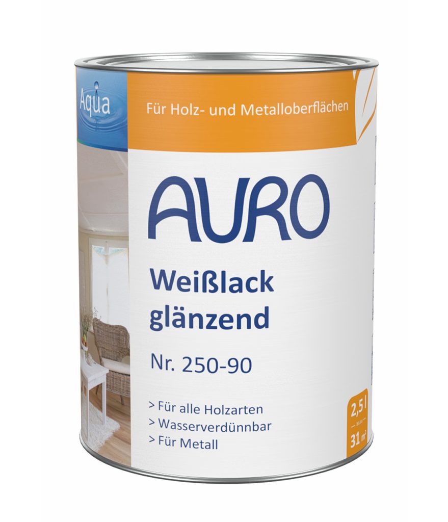 AURO Weißlack glänzend Aqua Nr. 250-90 in 2,5-Liter-Dose mit Produktlabels und Siegeln.