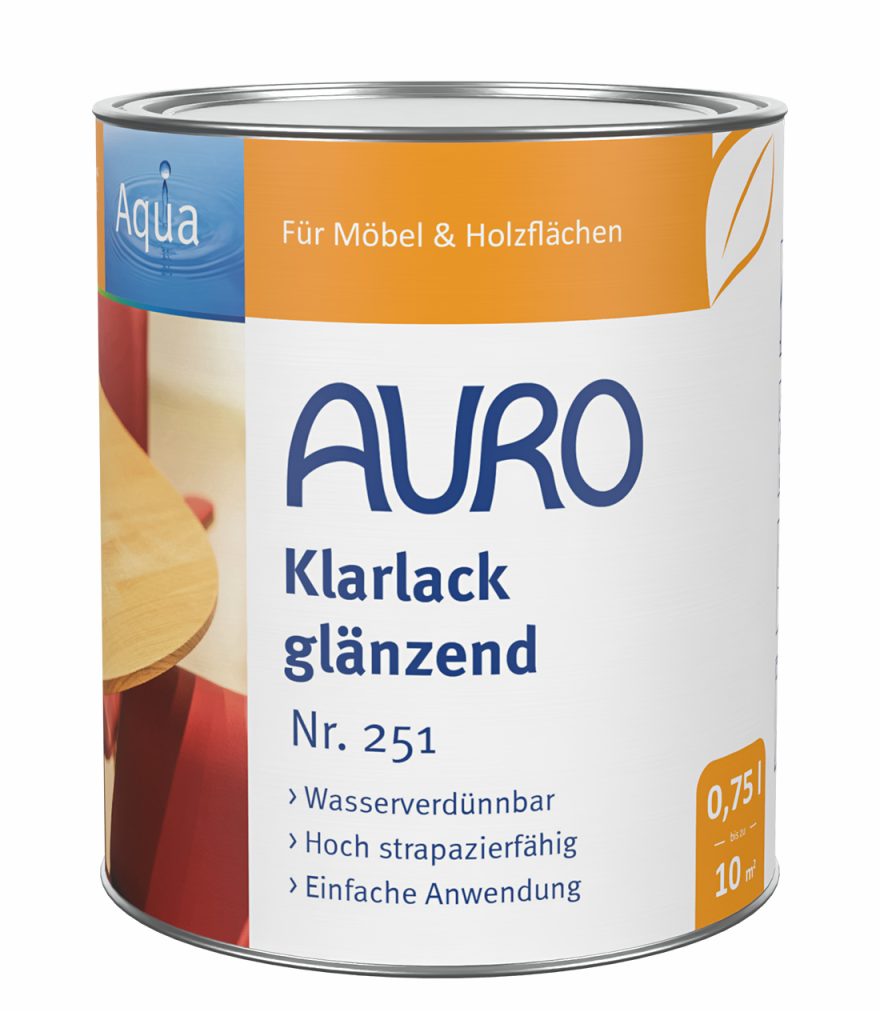 AURO Klarlack glänzend Nr. 251, 0,75 Liter Dose, naturfarbenes Label, lösemittelfrei.