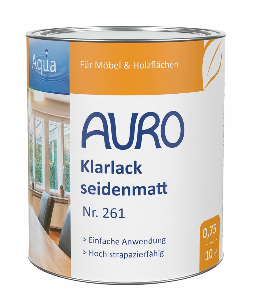 AURO Klarlack seidenmatt Nr. 261 – 0,75 Liter Dose mit Naturfarben-Logo.