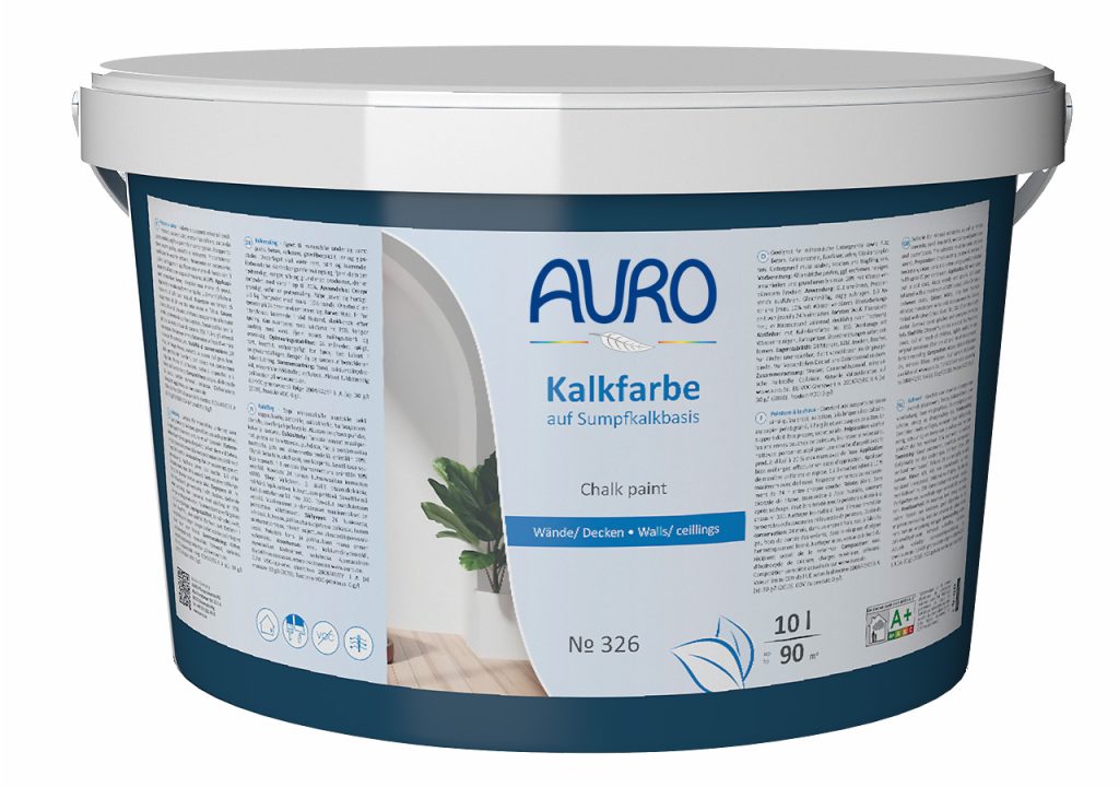 AURO Kalkfarbe Nr. 326, 10 Liter Gebinde – weiße Kalkfarbe mit veganem Siegel und Etikett auf dem Eimer