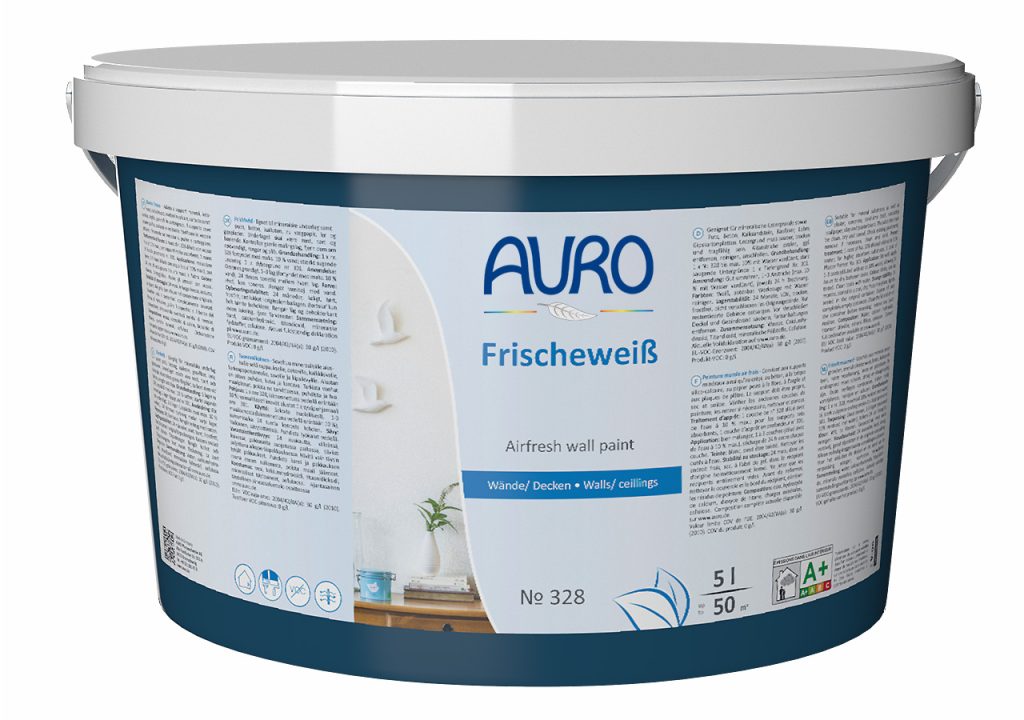 AURO Frischeweiß Nr. 328, 5-Liter-Gebinde, natürliche Wandfarbe mit Siegel und Label sichtbar
