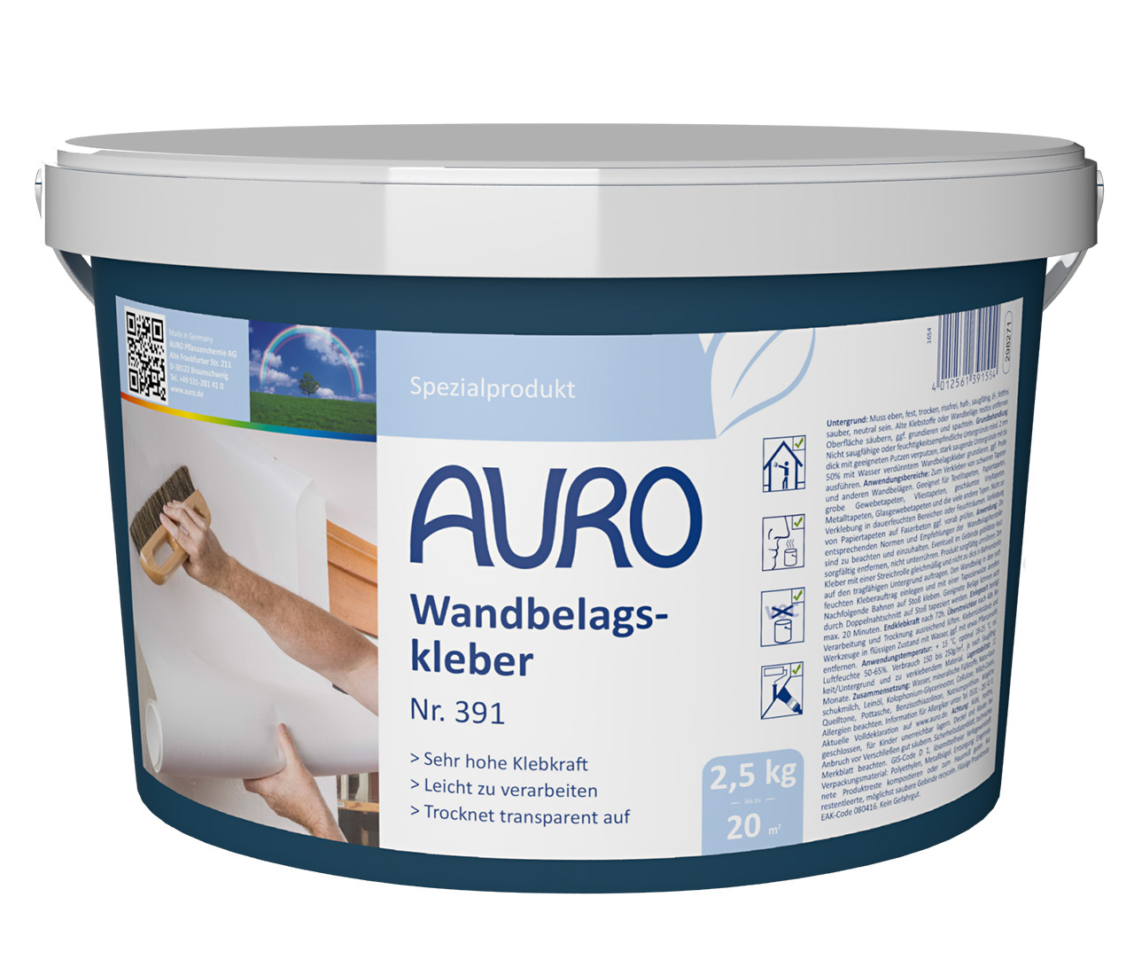 AURO Wandbelagskleber Nr. 391 im 2,5 kg Gebinde mit weißem Etikett – Naturkleber für Wandbeläge