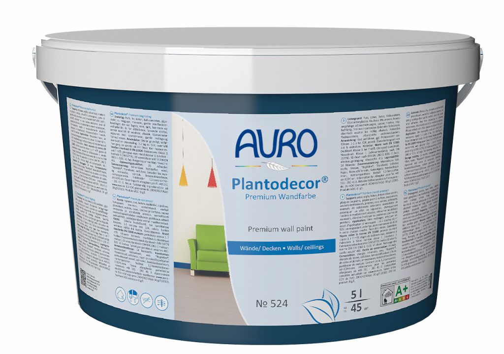 AURO Plantodecor® Nr. 524 Wandfarbe im 5 Liter Gebinde mit weißem Etikett und Prüfsiegeln