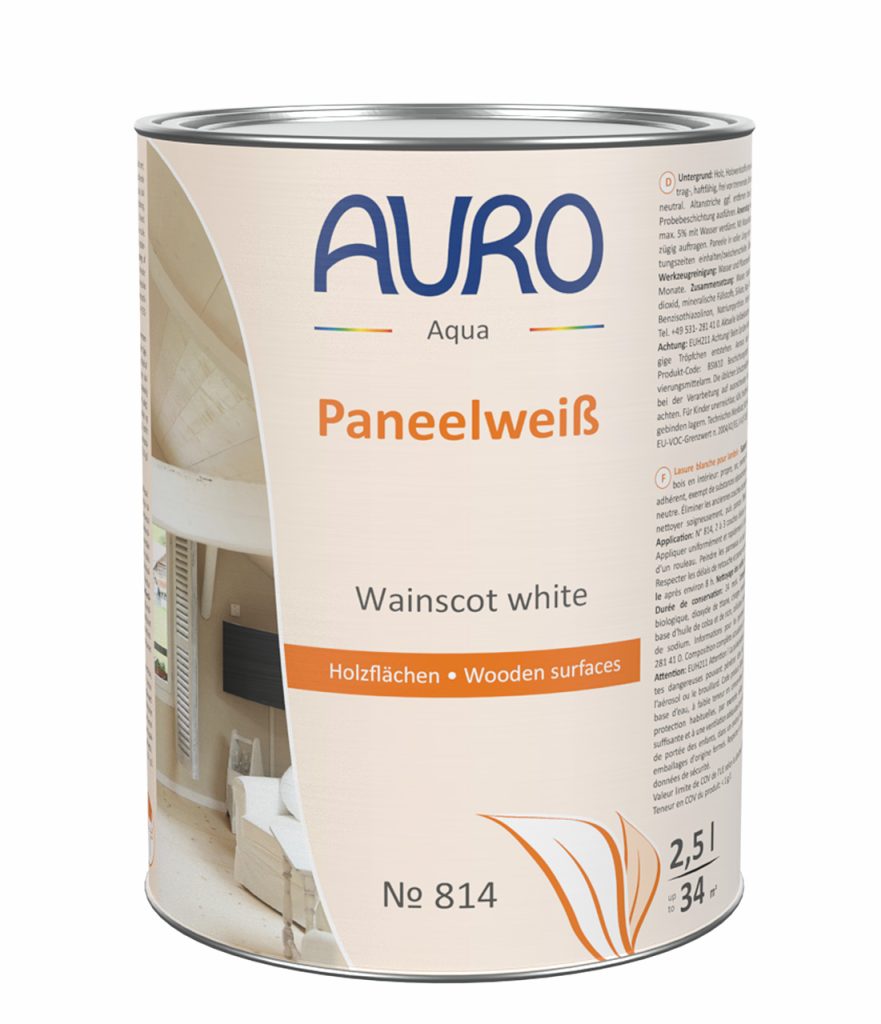 AURO Paneelweiß Nr. 814 2,5 Liter Gebinde, hochpigmentierte, lösungsmittelfreie Holzlasur, DIN EN 71 spielzeuggeeignet.